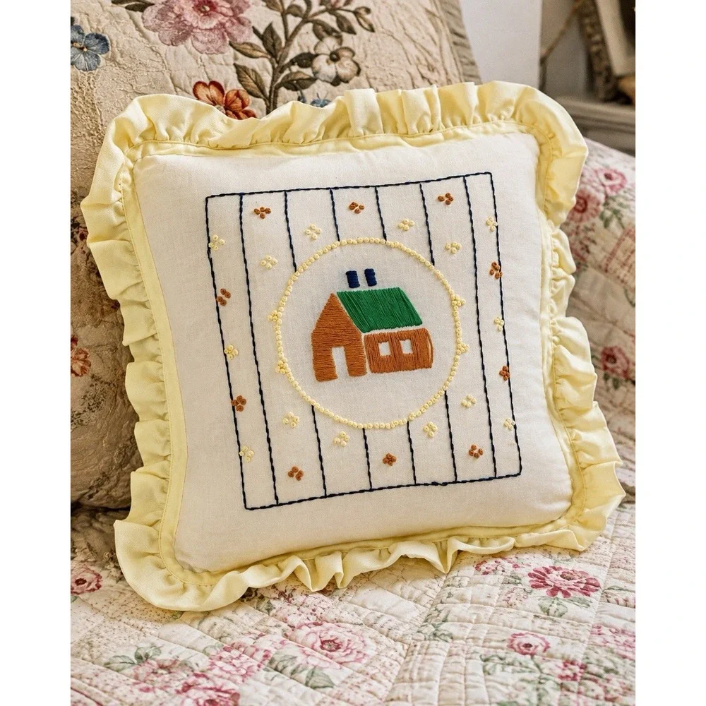 Vintage Embroidered Cottage House Throw Pillow Ruffle Granny Chic Country 12